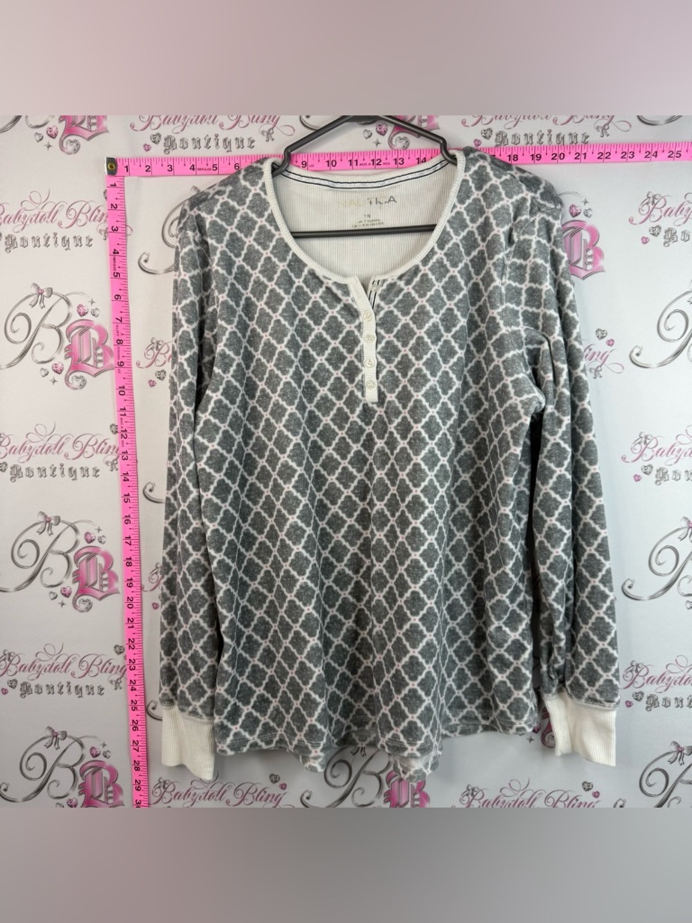 Nautica fleece tip soft Gray & White Long Sleeve Henley Thermal Top